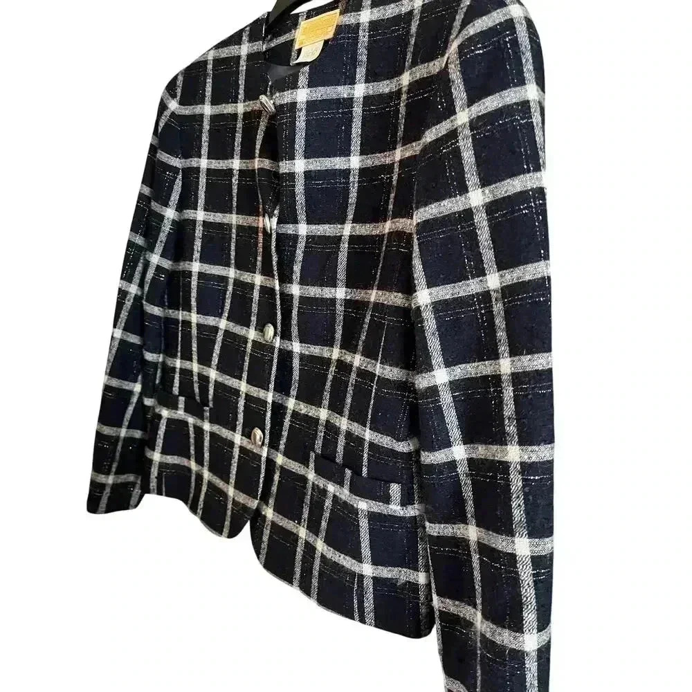 Vintage Pendleton Women’s Blue Silver Plaid Pure Virgin Wool Jacket Size 10 - Picture 4 of 6